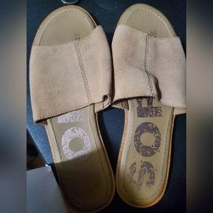 Sorel 8 Flat Sandals Slides Slip On Tan Leather Womens Ladies
